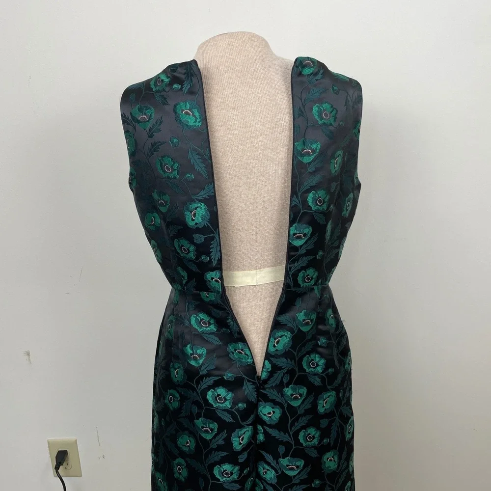 J‎ Crew Dress Floral Jacquard Sleeveless V Neck Black Green Size 2